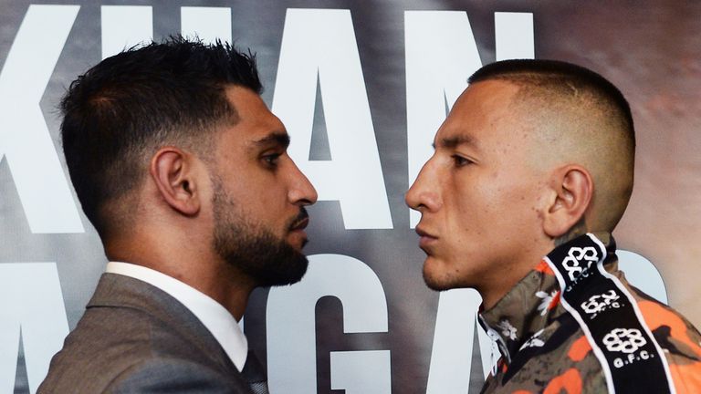 Amir Khan and Samuel Vargas pose for a photograph during a Press Conference ahead of the fight between Amir Khan and Samuel Vargas at Barclaycard Arena on June 28, 2018 in Birmingham, England. 