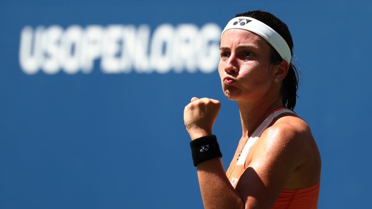 Anastasija Sevastova of Latvia celebrates a point during the ladies singles quarter-final match against Sloane Stephens of The United States on Day Nine of the 2018 US Open at the USTA Billie Jean King National Tennis Center on September 4, 2018 in the Flushing neighborhood of the Queens borough of New York City.