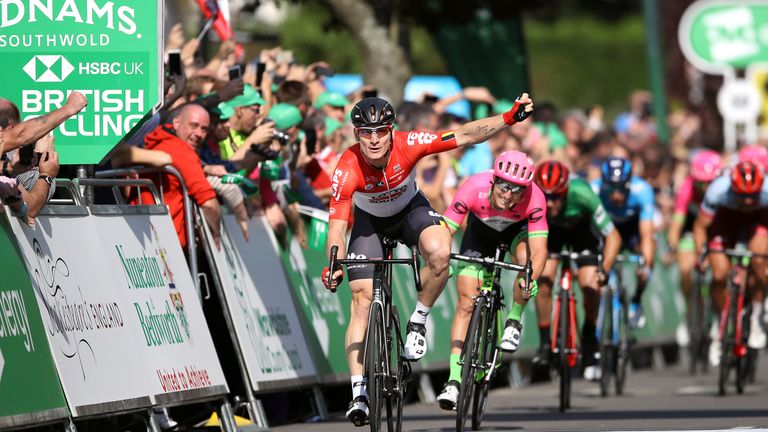 Team Lotto-Soudal's Andre Greipel celebrates winning stage four of the Ovo Energy Tour of Britain 2018 from Nuneaton to Royal Lemington Spa. PRESS ASSOCIATION Photo. Picture date: Wednesday September 5, 2018. See PA story CYCLING Tour of Britain. Photo credit should read: Tim Goode/PA Wire