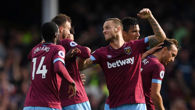 Andriy Yarmolenko of West Ham United celebrates with teammates after scoring his team&#39;s second goal during the Premier League match between Everton FC and West Ham United at Goodison Park on September 16, 2018 in Liverpool, United Kingdom.