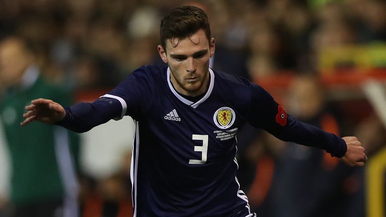 Andy Robertson of Scotland controls the ball during the International Friendly between Scotland and Netherlands at Pittodrie Stadium on November 9, 2017 in Aberdeen, Scotland.