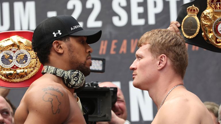 JOSHUA-POVETKIN PROMOTION.WEIGH IN.DESIGN CENTRE,.ISLINGTON.LONDON.PIC;LAWRENCE LUSTIG.ANTHONY JOSHUA AND ALEXANDER POVETKIN WEIGH IN BEFORE THEY CLASH ON EDDIE HEARNS MATCHROOM PROMOTION AT WEMBLEY STADIUM TOMORROW(SATURDAY 22-9-18)