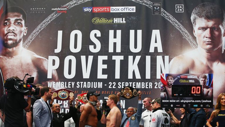  during the Anthony Joshua And Alexander Povetkin weigh in on September 21, 2018 in London, England.