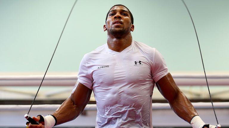 Anthony Joshua trains during a media workout at the English Institute of Sport on March 21, 2018 in Sheffield, England. 