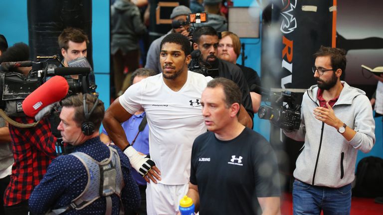 Anthony Joshua takes part in a training session during the Anthony Joshua Media Day at English Institute of Sport on September 12, 2018 in Sheffield