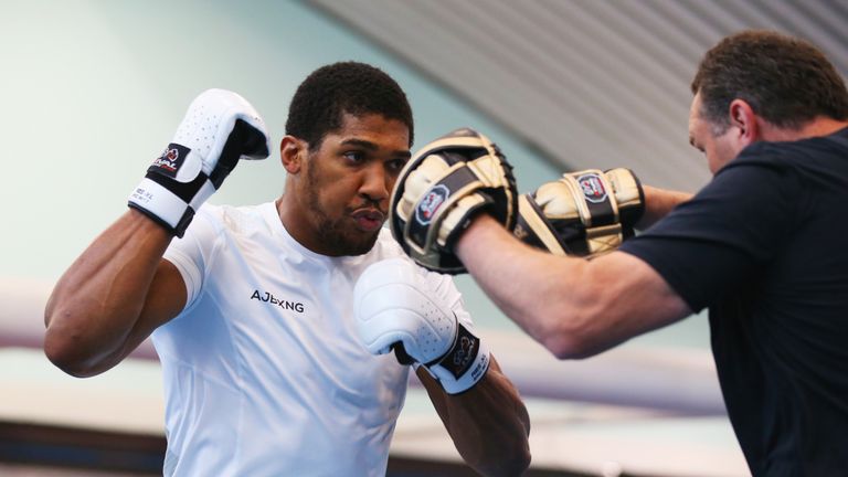 Anthony Joshua takes part in a training session during the Anthony Joshua Media Day at English Institute of Sport on September 12, 2018 in Sheffield, England.  (Photo by Alex Livesey/Getty Images)
