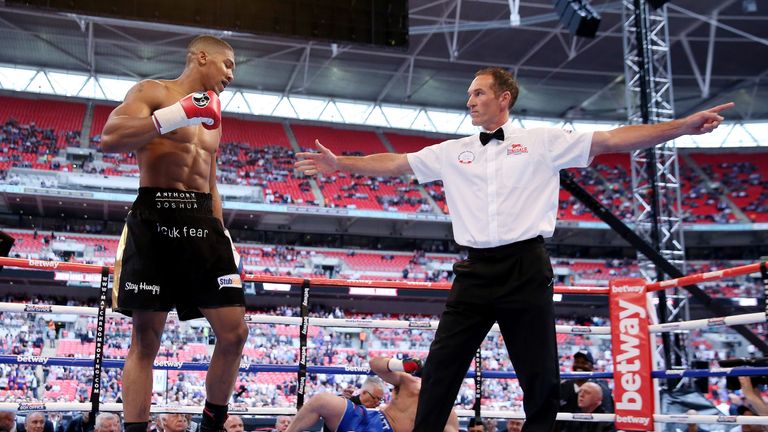 LONDON, ENGLAND - MAY 31:  Anthony Joshua finishes Matt Legg in the 1st round during their Heavyweight bout at Wembley Stadium on May 31, 2014 in London, England.  (Photo by Scott Heavey/Getty Images)