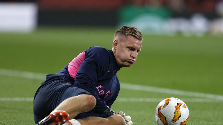 Bernd Leno warms up before Arsenal's Europa League game against Vorskla Plotava