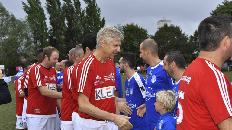 Arsene Wenger plays in a charity match in tribute to Michel Platini's late father, Aldo Platini