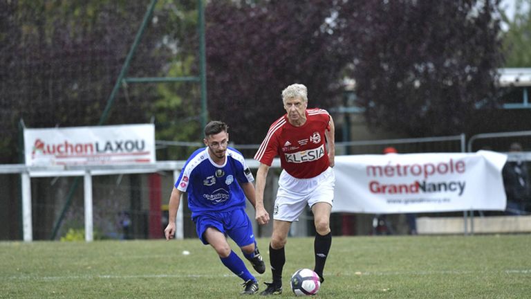 Arsene Wenger plays in a charity match in tribute to Michel Platini's late father, Aldo Platini