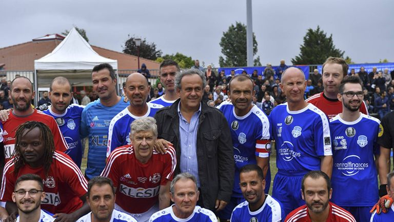Arsene Wenger plays in a charity match in tribute to Michel Platini's late father, Aldo Platini