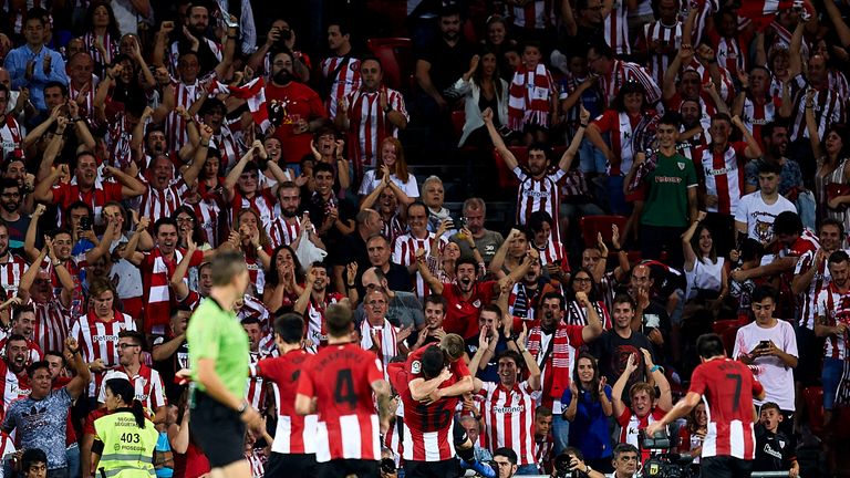 Athletic Bilbao celebrates after opening the scoring against Real Madrid