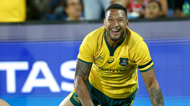 Israel Folau celebrates scoring for Australia in the Rugby Championship against Argentina 