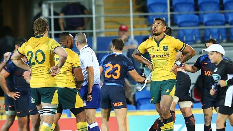 Australia's Israel Folau looks dejected in the wake of his side's Rugby Championship defeat to Argentina on the Gold Coast