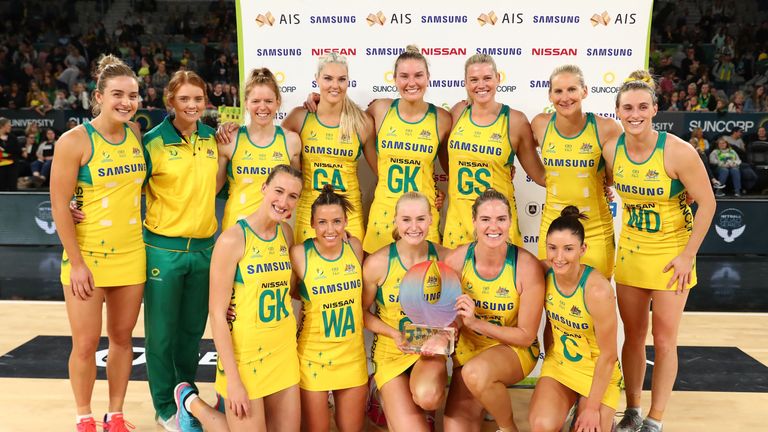 The Australian Diamond's pose with the trophy after winning the Quad Series International Test match between the Australian Diamonds and the New Zealand Silver Ferns at Hisense Arena on September 23, 2018 in Melbourne, Australia.