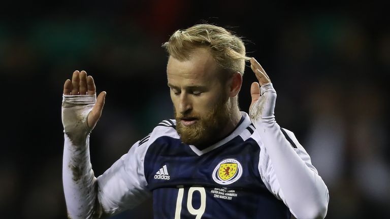 Barry Bannan of Scotland reacts during the International Challenge Match between Scotland and Canada at Easter Road on March 22, 2017 in Edinburgh, Scotland. 