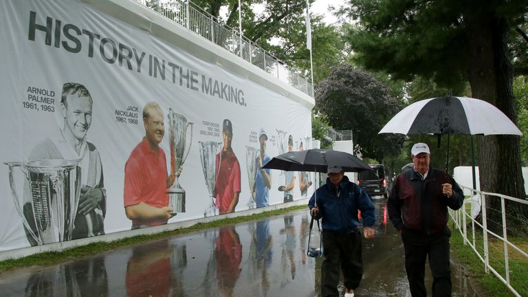 during a weather delay prior to the final round of the BMW Championship at Aronimink Golf Club on September 9, 2018 in Newtown Square, Pennsylvania.