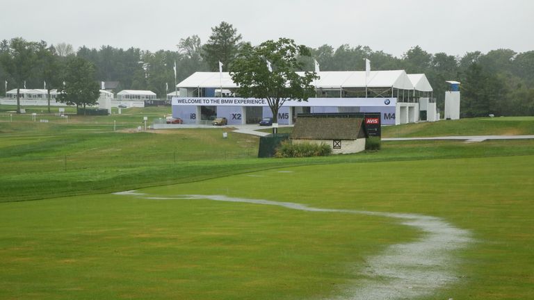 during a weather delay prior to the final round of the BMW Championship at Aronimink Golf Club on September 9, 2018 in Newtown Square, Pennsylvania.