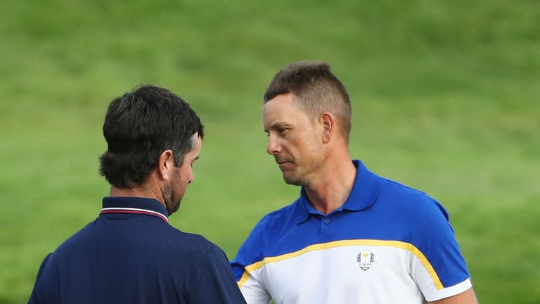 Bubba Watson and Henrik Stenson during singles matches of the 2018 Ryder Cup at Le Golf National on September 30, 2018 in Paris, France.