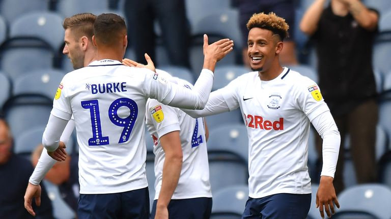 Callum Robinson celebrates scoring Preston's first goal of the game