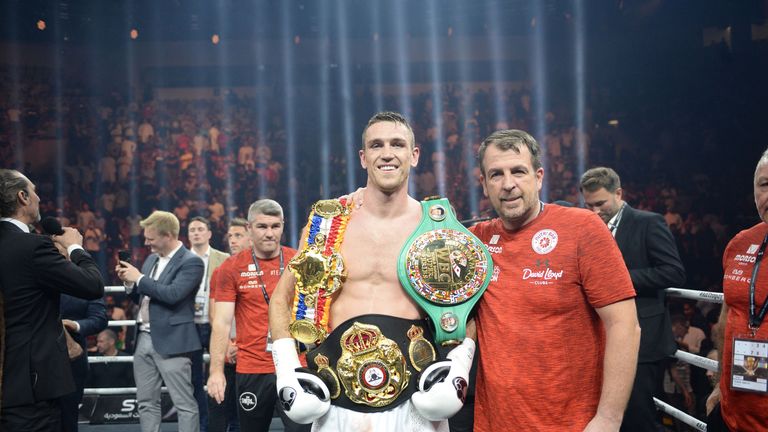 British boxer Callum Smith is seen celebrating his victory against George Groves during the World Boxing Super Series Super-Middleweight Final at the king Abdullah Sports City in the Saudi coastal Red Sea city of Jeddah in Saudi Arabia, on September 28, 2018. (Photo by STR / AFP)        (Photo credit should read STR/AFP/Getty Images)