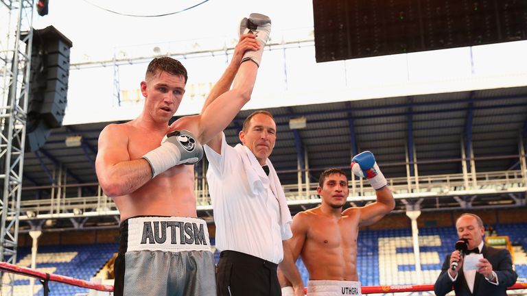 Callum Smith celebrates beating Cesar Hernan Reynoso at Goodison Park on May 29, 2016.