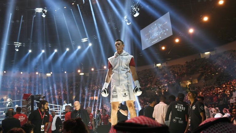 British boxer Callum Smith is seen during the World Boxing Super Series Super-Middleweight Final at the king Abdullah Sports City in the Saudi coastal Red Sea city of Jeddah in Saudi Arabia, on September 28, 2018. (Photo by STR / AFP)        (Photo credit should read STR/AFP/Getty Images)