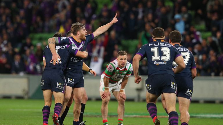  Cameron Munster of the Storm celebrates kicking a drop goal during the NRL Qualifying Final match between the Melbourne Storm and the South Sydney Rabbitohs 