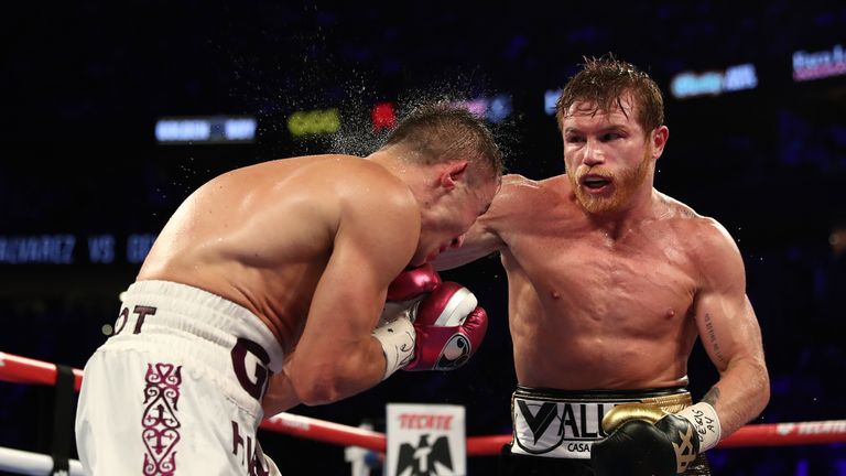 Gennady Golovkin Canelo Alvarez during their .WBC/WBA middleweight title fight at T-Mobile Arena on September 15, 2018 in Las Vegas, Nevada.