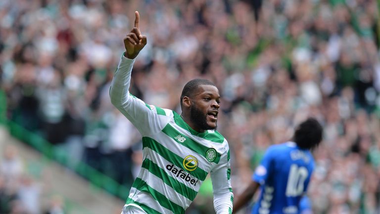 Olivier Ntcham of Celtic celebrates after scoring his team's first goal during the Scottish Premier League match between Celtic and Rangers at Celtic Park Stadium on September 2, 2018 in Glasgow, Scotland.