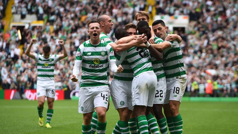 Celtic celebrate Ntcham's decisive strike after a quick breakaway
