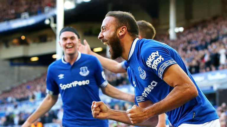 Cenk Tosun of Everton celebrates scoring his sides second goal
