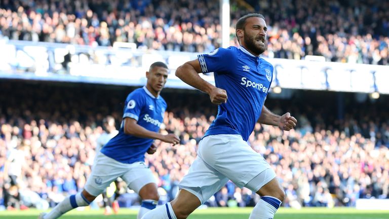 Cenk Tosun of Everton celebrates scoring his sides second goal