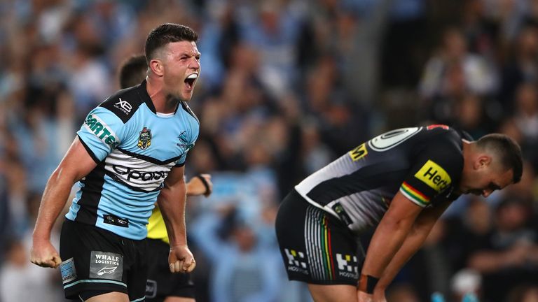 Chad Townsend of the Sharks celebrates winning the NRL Semi Final match between the Cronulla Sharks and the Penrith Panthers at Allianz Stadium on September 14, 2018 in Sydney, Australia.