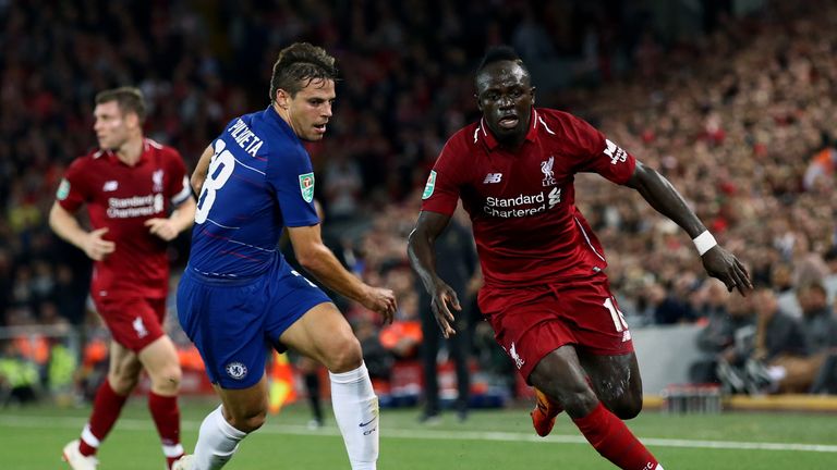 LIVERPOOL, ENGLAND - SEPTEMBER 26: Sadio Mane of Liverpool attempts to get past Cesar Azpilicueta of Chelsea during the Carabao Cup Third Round match between Liverpool and Chelsea at Anfield on September 26, 2018 in Liverpool, England.  (Photo by Jan Kruger/Getty Images)