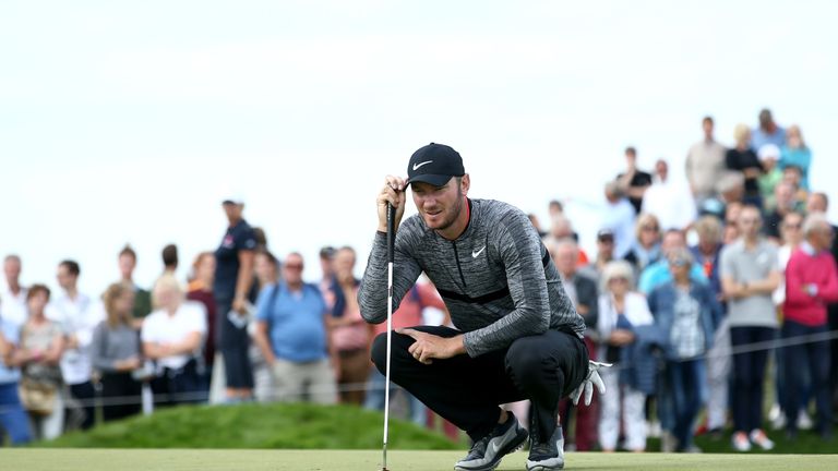 Chris Wood of England lines up a putt on the 6th green during Day Four of the KLM Open at The Dutch on September 16, 2018 in Spijk, Netherlands