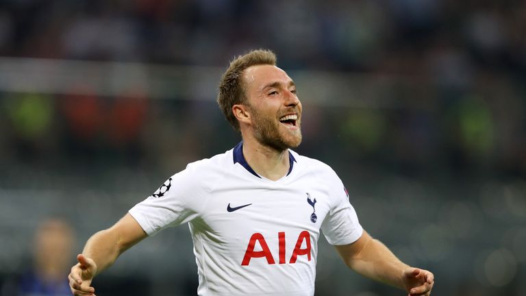 Christian Eriksen celebrates scoring for Tottenham early in the second half at Inter Milan