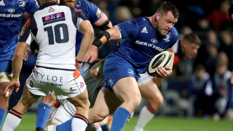 Cian Healy carries hard for Leinster
