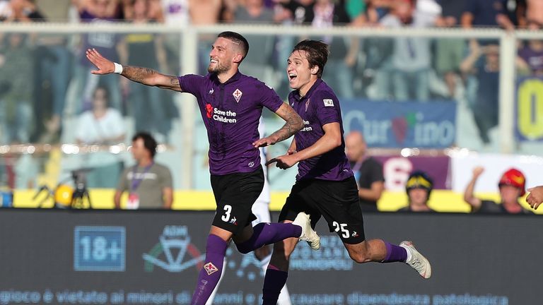 Cristiano Biraghi celebrates scoring for Fiorentina