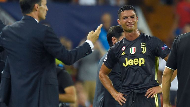 Cristiano Ronaldo reacts after receiving a red card against Valencia
