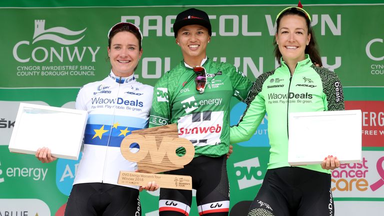 Overall winner Team Sunweb's Coryn Rivera (centre) second placed' WaowDeals Pro Cycling's Marianne Vos (left) and WaowDeals Pro Cycling's Dani Rowe celebrate on the podium after stage five of the OVO Energy Women's Tour from Dolgellau to Colwyn Bay.