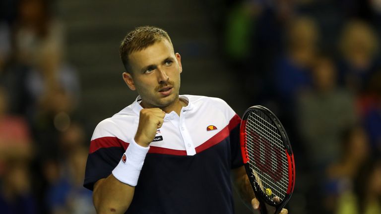 Dan Evans of Great Britain reacts in his match against Denis Istomin of Uzbekistan during day one of the Davis Cup by BNP Paribas World Group single's play-off between Great Britain and Uzbekistan at Emirates Arena on September 14, 2018 in Glasgow, Scotland.