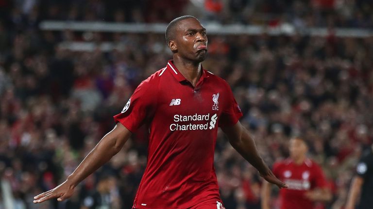 Daniel Sturridge of Liverpool celebrates as he scores his team&#39;s first goal during the Group C match of the UEFA Champions League between Liverpool and Paris Saint-Germain at Anfield on September 18, 2018 in Liverpool, United Kingdom