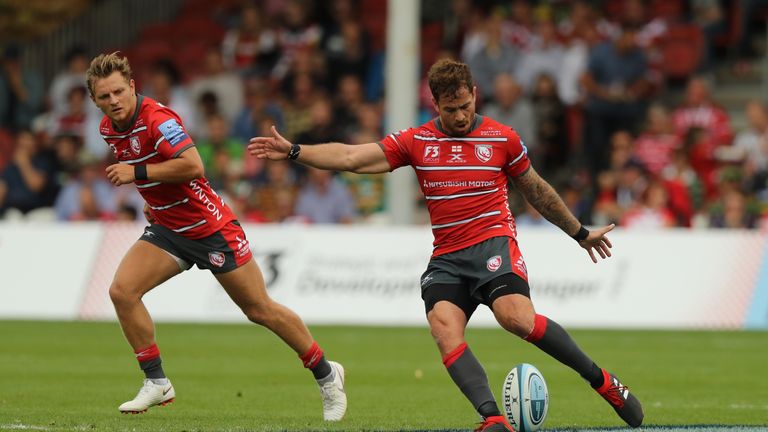 Danny Cipriani of Gloucester kicks the ball during the Gallagher Premiership Rugby match between Gloucester Rugby and Northampton Saints at Kingsholm Stadium on September 1, 2018 in Gloucester, United Kingdom