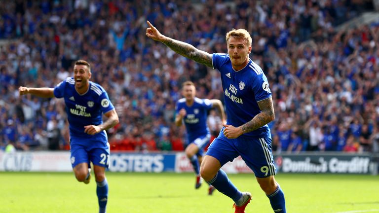 Danny Ward of Cardiff City celebrates after scoring his team's second goal during the Premier League match between Cardiff City and Arsenal FC at Cardiff City Stadium on September 2, 2018 in Cardiff, United Kingdom.