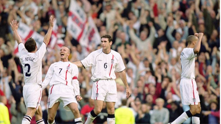 England captain David Beckham celebrates against Greece in 2001