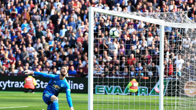 David De Gea watches Andriy Yarmolenko's shot cross the line for 2-0