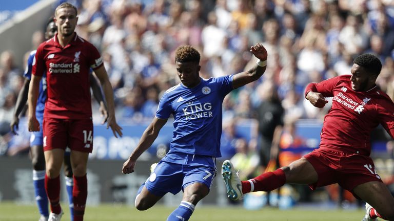 Demarai Gray shoots under pressure from Joe Gomez