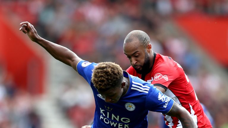 Demarai Gray and Nathan Redmond during the Premier League match between Southampton FC and Leicester City at St Mary's Stadium on August 25, 2018 in Southampton, United Kingdom.