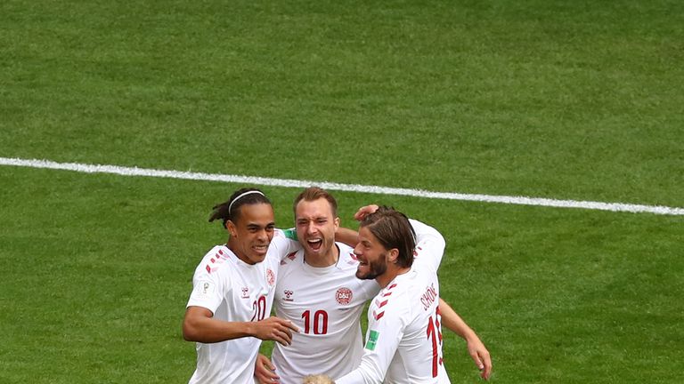 Denmark players celebrate Christian Eriksen's goal against Australia